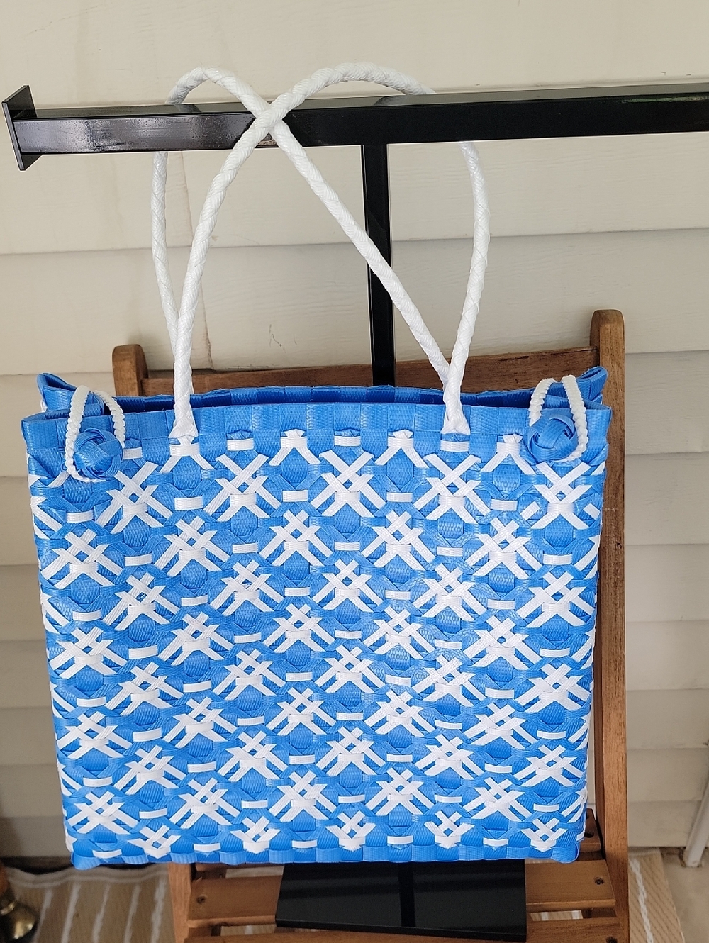Woven Blue and White Tote Bag with Rope Handles